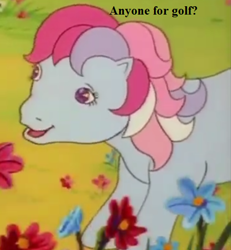 Size: 444x480 | Tagged: safe, edit, edited screencap, screencap, character:sweet stuff, episode:the magic coins, g1, my little pony 'n friends, bronybait, cropped, cute, dialogue, flower, golf, sports, sweet sweet stuff
