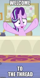 Size: 375x720 | Tagged: safe, edit, edited screencap, screencap, character:starlight glimmer, species:pony, species:unicorn, episode:marks for effort, g4, my little pony: friendship is magic, caption, cropped, desk, female, image macro, impact font, nervous, raised hoof, solo, text, welcome