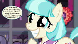 Size: 1280x720 | Tagged: safe, edit, edited screencap, screencap, character:coco pommel, species:pony, episode:made in manehattan, g4, my little pony: friendship is magic, ben jonson, bow, bronybait, cocobetes, cute, dialogue, every man in his humour, mane bow, speech bubble