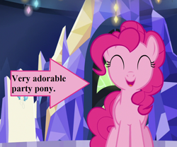 Size: 864x720 | Tagged: safe, edit, edited screencap, screencap, character:pinkie pie, species:earth pony, species:pony, episode:father knows beast, g4, my little pony: friendship is magic, arrow, captain obvious, cropped, cute, diapinkes, friendship throne, text, truth, twilight's castle