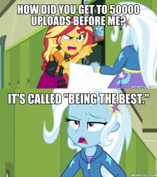 Size: 600x674 | Tagged: safe, edit, edited screencap, screencap, character:sunset shimmer, character:trixie, equestria girls:forgotten friendship, g4, my little pony: equestria girls, my little pony:equestria girls, angry, canterlot high, caption, image macro, jealous, lockers, meme, memeful.com, meta, pointing, text, trixie yells at everything