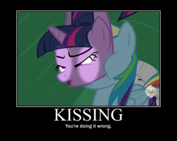 Size: 750x600 | Tagged: safe, edit, screencap, character:rainbow dash, character:rarity, character:twilight sparkle, species:pegasus, species:pony, episode:dragon quest, g4, my little pony: friendship is magic, demotivational poster, hub logo, hubble, implied kissing, implied lesbian, implied shipping, implied twidash, meme, you're doing it wrong