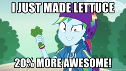 Size: 1280x720 | Tagged: safe, edit, edited screencap, screencap, character:rainbow dash, episode:sic skateboard, g4, my little pony: equestria girls, my little pony:equestria girls, spoiler:eqg series (season 2), female, food, geode of super speed, grin, helmet, lettuce, magical geodes, smiling, solo