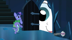 Size: 854x480 | Tagged: safe, edit, edited screencap, screencap, character:shining armor, character:spike, character:twilight sparkle, species:dragon, species:pony, species:unicorn, door meme, exploitable meme, female, mare, meme, the scary door, twily face