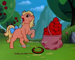 Size: 750x600 | Tagged: safe, edit, edited screencap, screencap, character:applejack (g1), episode:rescue at midnight castle, g1, my little pony 'n friends, apple, apple tree, bow, cropped, dialogue wheel, food, implied firefly, implied medley, mass effect, tail bow, tree
