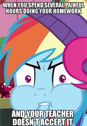 Size: 604x870 | Tagged: safe, edit, edited screencap, screencap, character:rainbow dash, species:pony, episode:best gift ever, episode:triple pony dare ya, g4, my little pony: friendship is magic, angry, caption, clothing, cropped, hat, image macro, impact font, meme, puffy cheeks, solo focus, text
