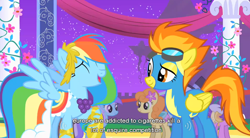 Size: 850x470 | Tagged: safe, edit, edited screencap, screencap, character:amethyst star, character:carrot top, character:golden harvest, character:rainbow dash, character:sparkler, character:spitfire, species:earth pony, species:pegasus, species:pony, species:unicorn, episode:the best night ever, g4, my little pony: friendship is magic, caption, clothing, dress, female, gala dress, goggles, mare, night, uniform, wonderbolts, wonderbolts uniform, youtube caption