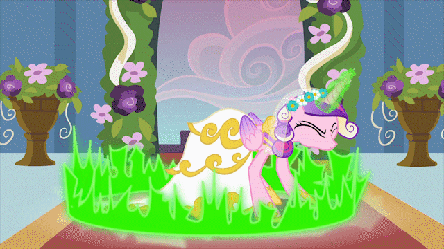 Size: 640x360 | Tagged: safe, edit, edited screencap, screencap, character:queen chrysalis, species:alicorn, species:changeling, species:pony, episode:a canterlot wedding, g4, my little pony: friendship is magic, animated, carpet, clothing, disguise, disguised changeling, dress, eyes closed, fake cadance, female, floral head wreath, flower, flower in hair, flower pot, gif, glowing horn, hoof shoes, indoors, magic, mare, reversed, solo, standing, transformation, wedding dress