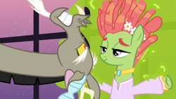 Size: 1280x720 | Tagged: safe, edit, edited screencap, screencap, character:discord, character:smooze, character:tree hugger, species:earth pony, species:pony, episode:make new friends but keep discord, g4, my little pony: friendship is magic, canterlot, canterlot castle, clothing, dreadlocks, dress, flower, grand galloping gala, jewelry, necklace, party, sin of envy, sin of wrath, smiling, statue, upside down, window
