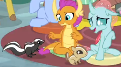 Size: 339x188 | Tagged: safe, edit, edited screencap, screencap, character:ocellus, character:smolder, species:changedling, species:changeling, species:dragon, species:reformed changeling, spoiler:interseason shorts, animal, chipmunk, cute, diaocelles, female, skunk, smiling, smolderbetes, teacher of the month (episode)