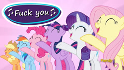 Size: 1280x720 | Tagged: safe, edit, edited screencap, screencap, character:applejack, character:fluttershy, character:pinkie pie, character:rainbow dash, character:rarity, character:twilight sparkle, character:twilight sparkle (alicorn), species:alicorn, species:pony, episode:fame and misfortune, g4, my little pony: friendship is magic, comic sans, dissonant caption, flawless, fuck you, mane six, reaction image, text, vulgar