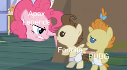 Size: 1242x690 | Tagged: safe, edit, edited screencap, screencap, character:pinkie pie, character:pound cake, character:pumpkin cake, species:pony, episode:baby cakes, g4, my little pony: friendship is magic, apex legends, bipedal, fortnite, looking at each other, meme, obligatory pony, playerunknown's battlegrounds