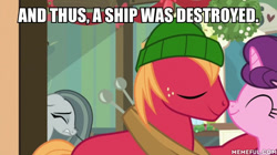 Size: 600x337 | Tagged: safe, edit, edited screencap, screencap, character:big mcintosh, character:marble pie, character:sugar belle, species:pony, ship:sugarmac, episode:best gift ever, g4, my little pony: friendship is magic, caption, female, heartbroken marble, image macro, impact font, male, shipping, shipping denied, side chick, straight, text