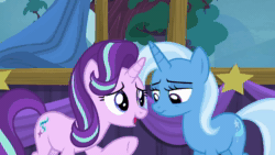 Size: 1280x720 | Tagged: safe, edit, edited screencap, screencap, character:starlight glimmer, character:trixie, species:pony, species:unicorn, episode:no second prances, g4, my little pony: friendship is magic, animated, friendship, implied chrysalis, kathleen barr, looking around, secret, slow motion, smiling, sound, stage, tree, voice actor joke, webm, whispering