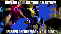Size: 1280x720 | Tagged: safe, edit, edited screencap, screencap, character:nightmare moon, character:princess luna, character:tantabus, species:alicorn, species:pony, episode:do princesses dream of magic sheep?, caption, crossover, doctor eggman, eggman pisses on the moon, ethereal mane, female, galaxy mane, image macro, implied pissing, implied princess celestia, mare, moon, nose in the air, open mouth, real-time fandub, sharp teeth, solo, sonic adventure 2, sonic the hedgehog (series), spread wings, teeth, text, volumetric mouth, vulgar, wat, wings
