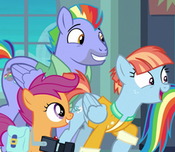 Size: 828x720 | Tagged: safe, edit, edited screencap, screencap, character:bow hothoof, character:rainbow dash, character:scootaloo, character:windy whistles, species:pegasus, species:pony, episode:parental glideance, g4, my little pony: friendship is magic, cropped, female, filly, male, mare, saddle bag, stallion