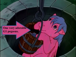 Size: 640x480 | Tagged: safe, edit, edited screencap, screencap, character:firefly, species:pegasus, species:pony, episode:rescue at midnight castle, g1, my little pony 'n friends, :t, arrow, bucket, captain obvious, cute, female, floppy ears, flyabetes, hanging, lidded eyes, looking up, mare, smiling, solo, text, water, well, wet, wet mane