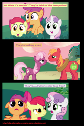 Size: 808x1206 | Tagged: safe, edit, edited screencap, screencap, character:apple bloom, character:big mcintosh, character:cheerilee, character:scootaloo, character:sweetie belle, species:earth pony, species:pegasus, species:pony, species:unicorn, ship:cheerimac, episode:hearts and hooves day, g4, my little pony: friendship is magic, alternate scenario, comic, cutie mark crusaders, female, filly, implied sex, innuendo, love poison, male, mare, scrunchy face, shipping, stallion, straight, wingboner