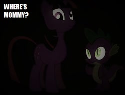 Size: 442x336 | Tagged: safe, edit, edited screencap, screencap, character:spike, character:twilight sparkle, character:twilight sparkle (unicorn), species:dragon, species:pony, species:unicorn, episode:friendship is magic, g4, my little pony: friendship is magic, black background, caption, cropped, duo, evening, eyes in the dark, female, home, image macro, male, mare, night, simple background, text