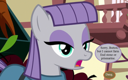 Size: 945x594 | Tagged: safe, edit, edited screencap, screencap, character:maud pie, episode:yakity-sax, g4, my little pony: friendship is magic, apple, carrot, cropped, dialogue, food, implied button mash, minecraft, speech bubble