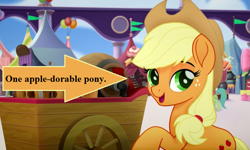 Size: 715x429 | Tagged: safe, edit, edited screencap, screencap, character:applejack, species:earth pony, species:pony, my little pony: the movie (2017), apple cider (drink), applejack's hat, arrow, background pony, balloon, canterlot, captain obvious, cart, clothing, cowboy hat, cropped, cute, female, friendship festival, hat, jackabetes, mare, market, pennant, pun, raised hoof, text, unnamed pony