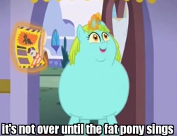 Size: 542x419 | Tagged: safe, edit, edited screencap, screencap, character:whoa nelly, species:pony, species:unicorn, episode:canterlot boutique, g4, my little pony: friendship is magic, caption, faec, fat, female, glowing horn, image macro, impact font, incidental pony, jaundice, magic, mare, obese, solo, telekinesis, text