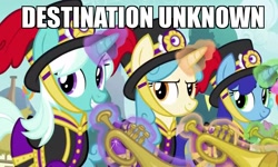 Size: 899x540 | Tagged: safe, edit, edited screencap, screencap, character:clarion call, species:pony, species:unicorn, episode:triple threat, g4, my little pony: friendship is magic, alex gaudino, background pony, caption, clothing, cornetta, destination calabria, funny, glowing horn, hat, image macro, impact font, levitation, magic, magic aura, meme, musical instrument, smiling, song reference, telekinesis, text, trumpet, uniform, unnamed character, unnamed pony