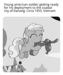 Size: 867x1024 | Tagged: safe, edit, edited screencap, screencap, species:pegasus, species:pony, episode:the one where pinkie pie knows, g4, my little pony: friendship is magic, caption, cropped, deployment, fake history, ignorance is bliss, image macro, implied weaponry, meme, monochrome, oh no, shitposting, soldier, solo, text, this will not end well, vietnam, vietnam war