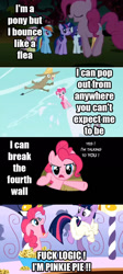 Size: 633x1417 | Tagged: safe, edit, edited screencap, screencap, character:cranky doodle donkey, character:pinkie pie, character:twilight sparkle, species:donkey, species:earth pony, species:pegasus, species:pony, species:unicorn, episode:a friend in deed, episode:friendship is magic, episode:green isn't your color, episode:over a barrel, g4, my little pony: friendship is magic, comic, fourth wall, fuck, hop, hopping, image macro, screencap comic, vulgar