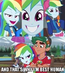 Size: 600x676 | Tagged: safe, edit, edited screencap, screencap, character:princess celestia, character:princess luna, character:principal celestia, character:rainbow dash, character:timber spruce, character:vice principal luna, episode:get the show on the road, episode:pinkie on the one, eqg summertime shorts, equestria girls:legend of everfree, equestria girls:rainbow rocks, g4, my little pony: equestria girls, my little pony:equestria girls, best human, camp everfree logo, camp everfree outfits, caption, cropped, crossed arms, female, grin, image macro, impact font, male, rainbow dash is best facemaker, rainbow sass, rapper dash, smiling, text, vice principal luna