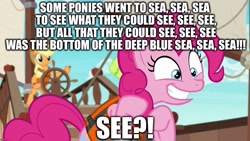 Size: 1280x720 | Tagged: safe, edit, edited screencap, screencap, character:applejack, character:pinkie pie, episode:p.p.o.v. (pony point of view), g4, my little pony: friendship is magic, caption, image macro, imgflip, impact font, smiling, song reference, text, veggietales