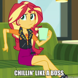 Size: 600x600 | Tagged: safe, edit, edited screencap, screencap, character:sunset shimmer, episode:text support, g4, my little pony: equestria girls, my little pony:equestria girls, caption, coffee mug, cropped, crossed legs, female, food, geode of empathy, image macro, impact font, legs, like a boss, magical geodes, memeful.com, mug, smug, smugset shimmer, solo, tea, text, text support: sunset shimmer