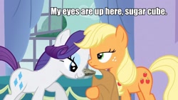 Size: 834x468 | Tagged: safe, edit, edited screencap, screencap, character:applejack, character:rarity, species:earth pony, species:pony, species:unicorn, episode:spike at your service, g4, my little pony: friendship is magic, caption, clothing, female, hat, image macro, mare, out of context