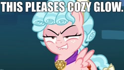 Size: 1920x1080 | Tagged: safe, edit, edited screencap, screencap, character:cozy glow, species:pegasus, species:pony, episode:school raze, g4, my little pony: friendship is magic, bedroom eyes, caption, cozy glow is best facemaker, evil grin, eyebrows, eyelashes, faec, female, filly, freckles, grin, image macro, imgflip, impact font, lip bite, meme, smiling, solo, spread wings, text, wings