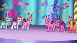 Size: 1280x720 | Tagged: safe, edit, edited screencap, screencap, character:coconut cream, character:pinkie pie, character:pinkie pie (g3), character:sky wishes, character:spike, character:sunny daze (g3), character:triple treat, character:twilight sparkle, character:twilight sparkle (alicorn), species:alicorn, species:dragon, species:pony, episode:horse play, episode:pinkie pie and the ladybug jamboree, episode:starlight the hypnotist, g3, g4, my little pony: friendship is magic, spoiler:interseason shorts, animated, blinking, bongos, chair, cymbals, director spike, director's chair, female, forsythia, horrified, horror, male, maracas, mare, music, musical instrument, nightmare fuel, open mouth, scared, singing, song, sound, stage, tambourine, trauma, traumatized, twilight hates ladybugs, ukulele, webm, zoom