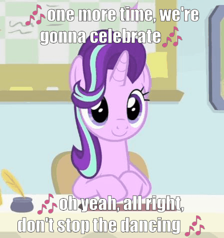 Size: 449x477 | Tagged: safe, edit, edited screencap, screencap, character:starlight glimmer, species:pony, species:unicorn, episode:starlight the hypnotist, spoiler:interseason shorts, animated, caption, cute, daft punk, female, gif, glimmerbetes, hair flip, hair over one eye, image macro, mare, nodding, one more time, party soft, solo, text