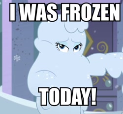Size: 960x887 | Tagged: safe, edit, edited screencap, screencap, character:rarity, episode:street chic, g4, my little pony: equestria girls, my little pony:equestria girls, spoiler:eqg series (season 2), cold weather, covered, covered in snow, hidden face, huggable, i was frozen today, meme, nostalgia critic, rarity is not amused, snow, snow falling, snow-covered rarity, suburban commando, unamused