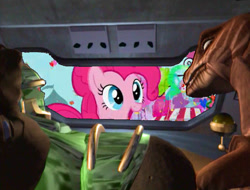 Size: 600x455 | Tagged: safe, edit, edited screencap, screencap, character:pinkie pie, species:earth pony, species:pony, episode:the ticket master, g4, my little pony: friendship is magic, beast wars, dinobot, female, mare, open mouth, rhinox, smiling, transformers