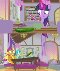 Size: 1920x2291 | Tagged: safe, edit, edited screencap, screencap, character:gallus, character:smolder, character:twilight sparkle, character:twilight sparkle (alicorn), species:alicorn, species:pony, episode:starlight the hypnotist, spoiler:interseason shorts, behaving like a cat, cat scared of cucumber, cucumber, food