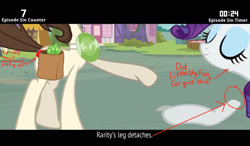 Size: 1845x1080 | Tagged: safe, edit, edited screencap, screencap, character:gizmo, character:rarity, species:pony, episode:putting your hoof down, g4, my little pony: friendship is magic, animation error, asparagus, cinemare sins, circled, edited edit, eyes closed, female, floating limbs, food, mare