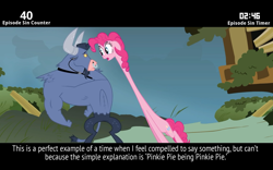 Size: 1280x800 | Tagged: safe, edit, screencap, character:pinkie pie, species:earth pony, species:minotaur, species:pony, episode:putting your hoof down, g4, my little pony: friendship is magic, bull, cinemare sins, duo, female, long neck, male, mare, nose piercing, nose ring, piercing, pinkie being pinkie, stretched neck