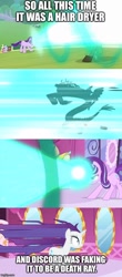 Size: 452x1024 | Tagged: safe, edit, edited screencap, screencap, character:discord, character:rarity, character:spike, character:starlight glimmer, species:draconequus, episode:a matter of principals, episode:rarity's biggest fan, g4, my little pony: friendship is magic, blast, imgflip, magic, magic beam, magic blast, wrong