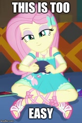 Size: 321x481 | Tagged: safe, edit, edited screencap, screencap, character:fluttershy, episode:game stream, g4, my little pony: equestria girls, my little pony:equestria girls, spoiler:eqg series (season 2), caption, cute, gamershy, geode of fauna, image macro, impact font, magical geodes, smiling, text