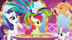 Size: 854x471 | Tagged: safe, edit, edited screencap, screencap, character:apple bloom, character:rarity, character:scootaloo, character:sweetie belle, species:earth pony, species:pegasus, species:pony, species:unicorn, caption, carousel boutique, clothing, cutie mark crusaders, female, filly, hat, mare, youtube caption