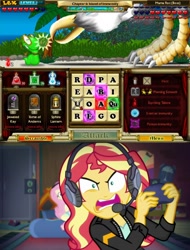 Size: 960x1260 | Tagged: safe, edit, edited screencap, screencap, character:fluttershy, character:sunset shimmer, episode:game stream, g4, my little pony: equestria girls, my little pony:equestria girls, spoiler:eqg series (season 2), bookworm adventures deluxe, controller, gamer sunset, grumpset shimmer, headphones, meme, not so grumpershy, psycho gamer sunset, rage, shitposting, sunset shimmer frustrated at game, video game