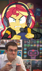 Size: 1150x1943 | Tagged: safe, edit, edited screencap, screencap, character:fluttershy, character:sunset shimmer, episode:game stream, g4, my little pony: equestria girls, my little pony:equestria girls, spoiler:eqg series (season 2), angry, angry video game nerd, comparison, controller, gamer, gamer sunset, headset, james rolfe, psycho gamer sunset, rage