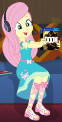 Size: 408x806 | Tagged: safe, edit, edited screencap, screencap, character:fluttershy, episode:game stream, g4, my little pony: equestria girls, my little pony:equestria girls, spoiler:eqg series (season 2), cropped, cute, doom, excited, gamer fluttershy, gamershy, headphones, playstation 4, shyabetes, video game