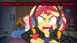Size: 1280x720 | Tagged: safe, edit, edited screencap, screencap, character:fluttershy, character:sunset shimmer, episode:game stream, g4, my little pony: equestria girls, my little pony:equestria girls, spoiler:eqg series (season 2), arin hanson, controller, couch, egoraptor, game grumps, gamer sunset, grumpset shimmer, headset mic, mario maker, not so grumpershy, vulgar
