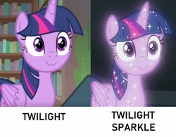 Size: 1118x870 | Tagged: safe, edit, edited screencap, screencap, character:tree of harmony, character:treelight sparkle, character:twilight sparkle, character:twilight sparkle (alicorn), species:alicorn, species:pony, episode:starlight the hypnotist, episode:what lies beneath, g4, my little pony: friendship is magic, spoiler:interseason shorts, bookshelf, c:, cute, female, glow, mare, pun, shiny, smiling, solo, sparkles, treelight sparkle, twiabetes, visual gag, wide eyes