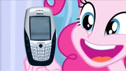 Size: 1024x577 | Tagged: safe, edit, edited screencap, screencap, character:pinkie pie, episode:super squad goals, g4, my little pony: equestria girls, my little pony:equestria girls, 2006, cellphone, exploitable meme, happy, meme, nokia, phone, pinkie pie is amused
